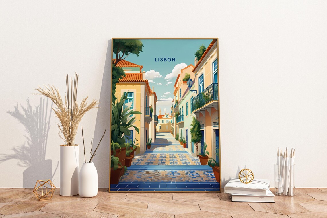 Lisbon Portugal Colorful Old Town Street Tile Road Travel Poster