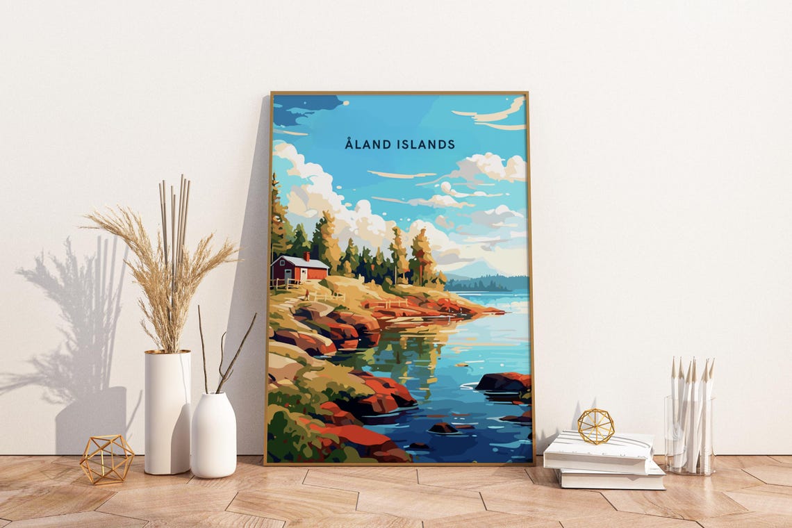 Aland Islands Red Rock Coast Cabin Archipelago Travel Poster