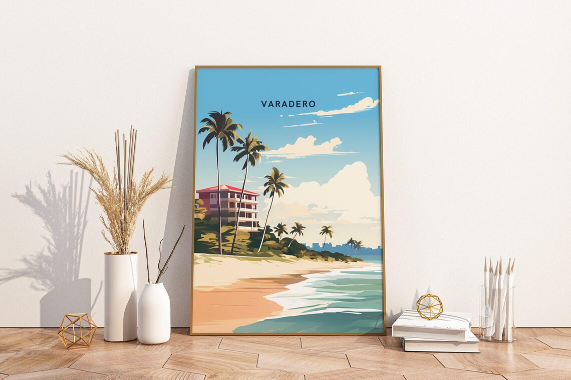 Varadero Beach Cuba Travel Scene With Palm Trees Resort View Poster