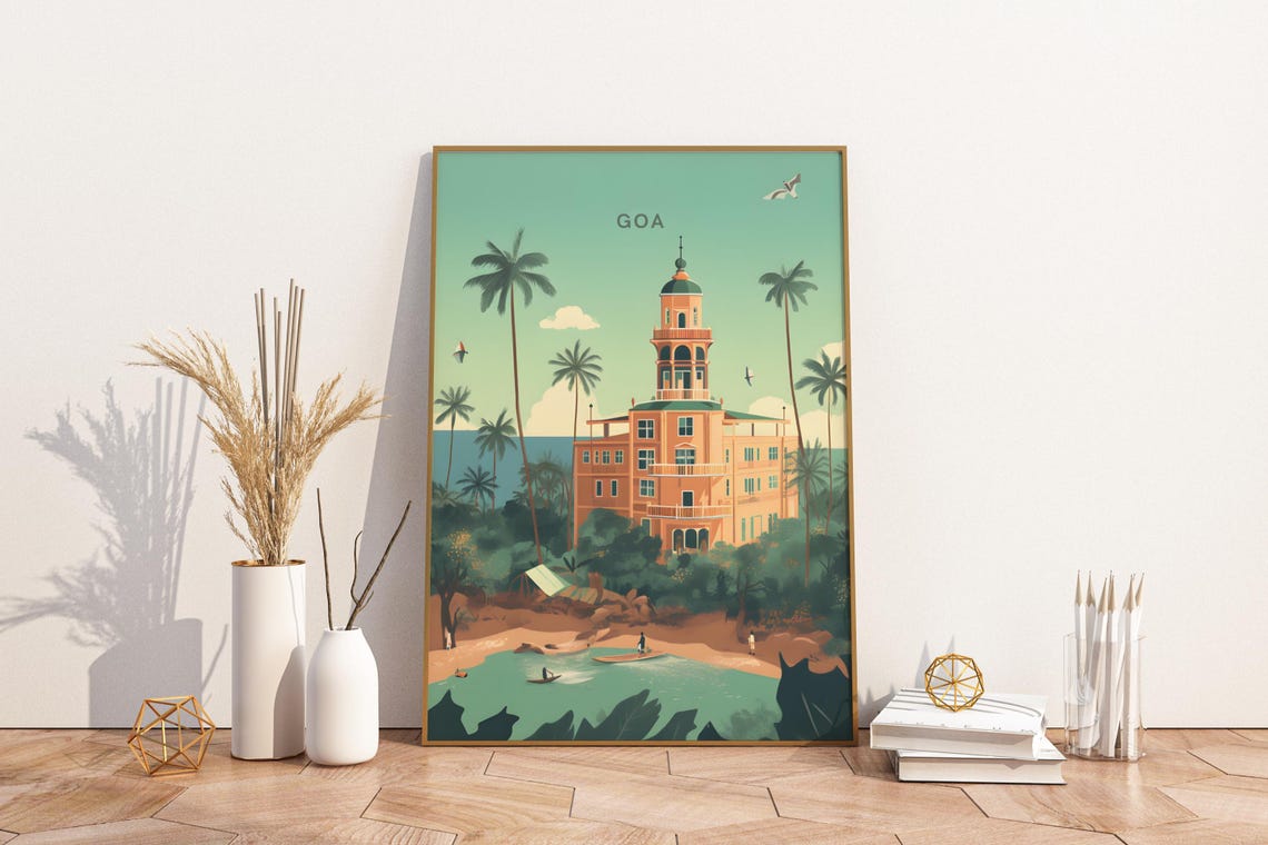 Goa India Tropical Palms Beach Hotel Vintage Travel Decor Poster