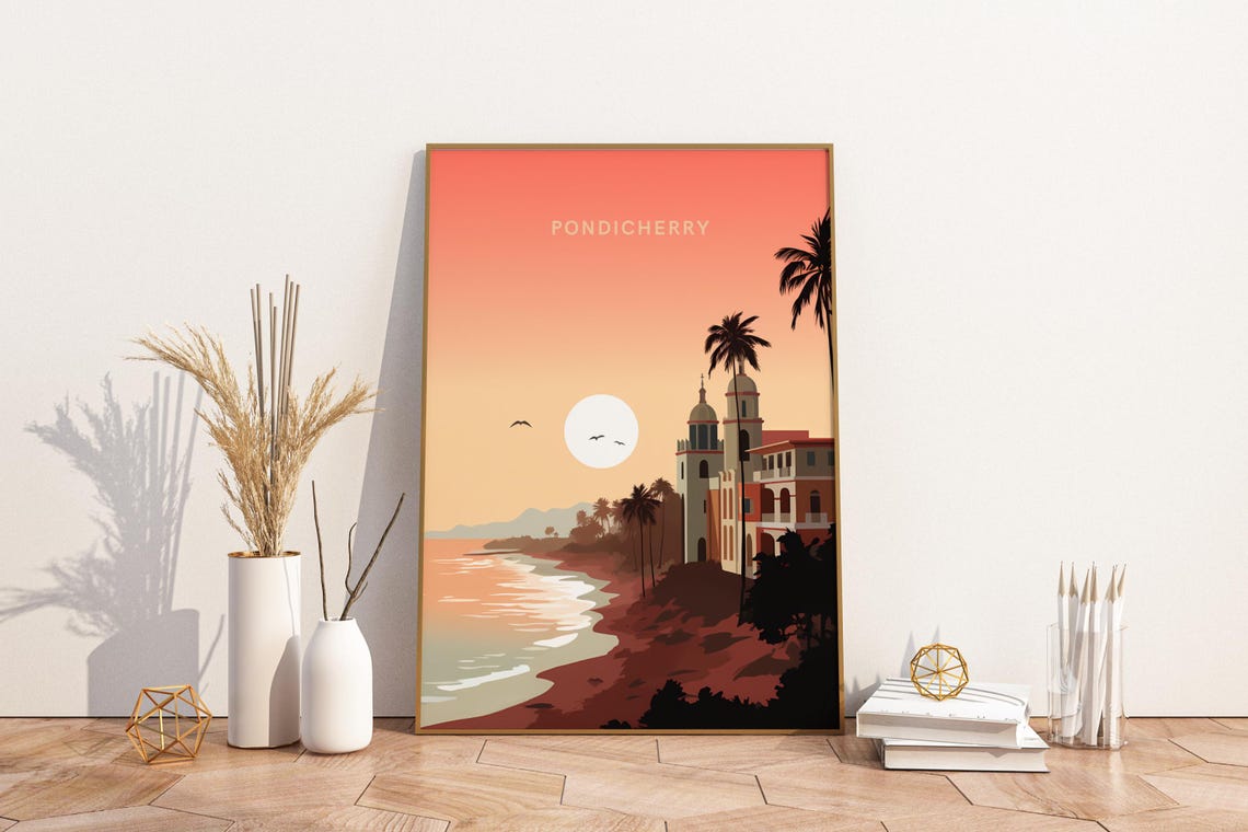 Pondicherry India Sunset Beach Travel Poster Colonial Coast Scene