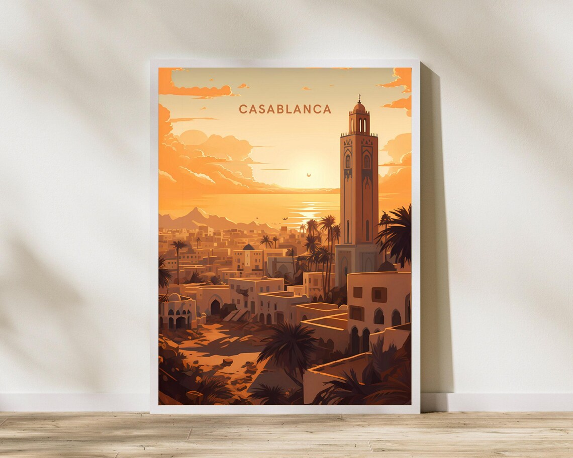 Casablanca Morocco Sunset City Minaret Skyline Travel Poster