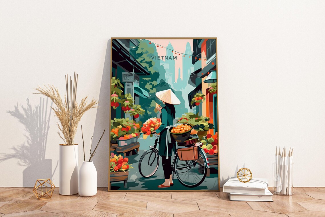 Vietnam Street Vendor Bicycle Flowers Vintage Travel City Poster