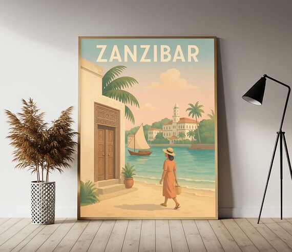 Zanzibar Tanzania Vintage Travel Poster Beach Dhow Retro Island Art