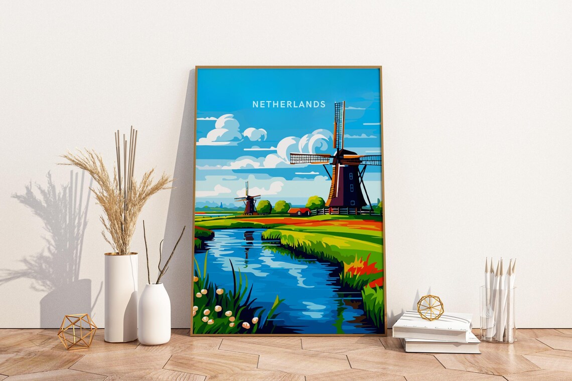Netherlands Windmill and Tulip Field Canal Countryside Travel Poster