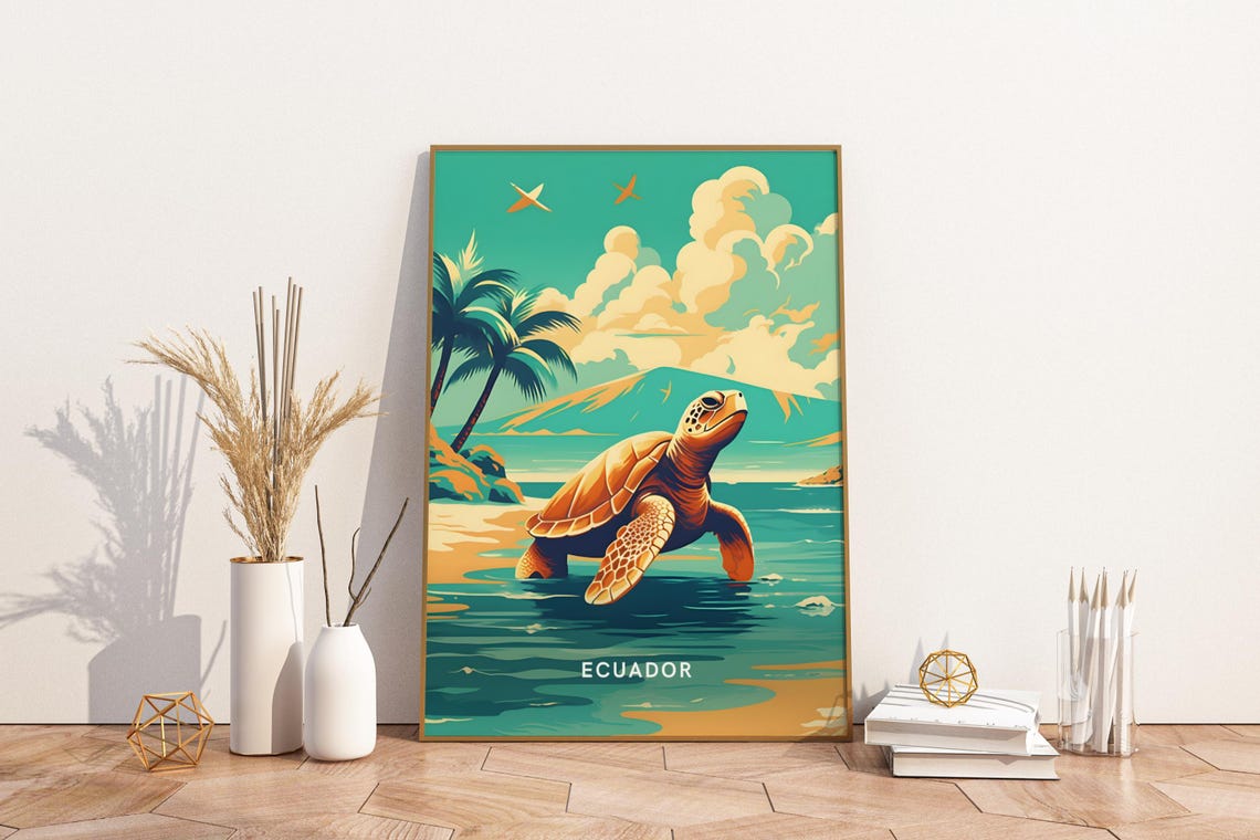 Ecuador Sea Turtle On Tropical Beach Vintage Illustration Poster