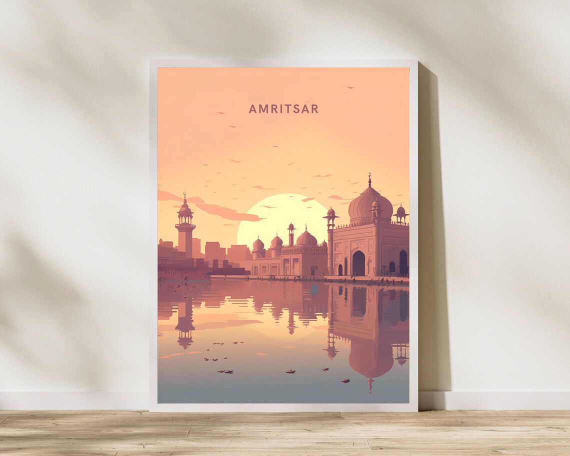 Amritsar India Golden Temple Sunset Water Reflection Travel Poster