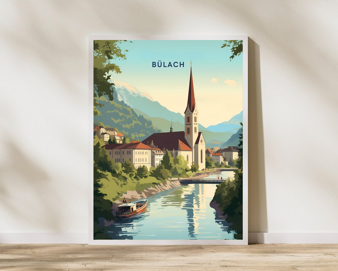 Bulach Switzerland Vintage Deco Travel Poster River Church Spire