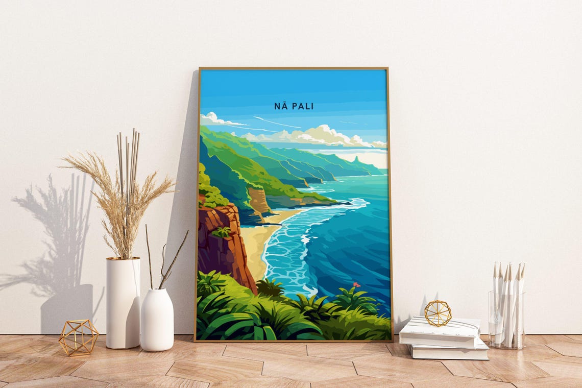 Na Pali Coast Kauai Hawaii Travel Poster With Emerald Sea Cliffs