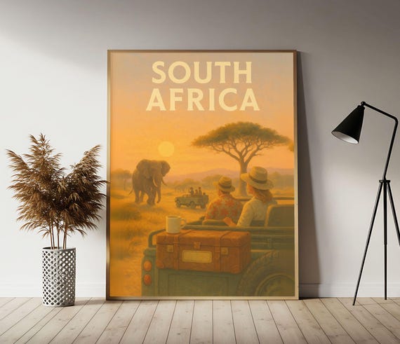 South Africa Safari Sunset Travel Poster African Wildlife Wall Art Print Vintage Decor