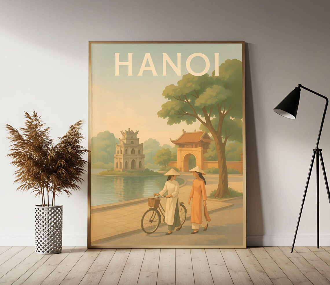 Hanoi Vietnam Turtle Tower Hoan Kiem Lake Vintage Travel Poster