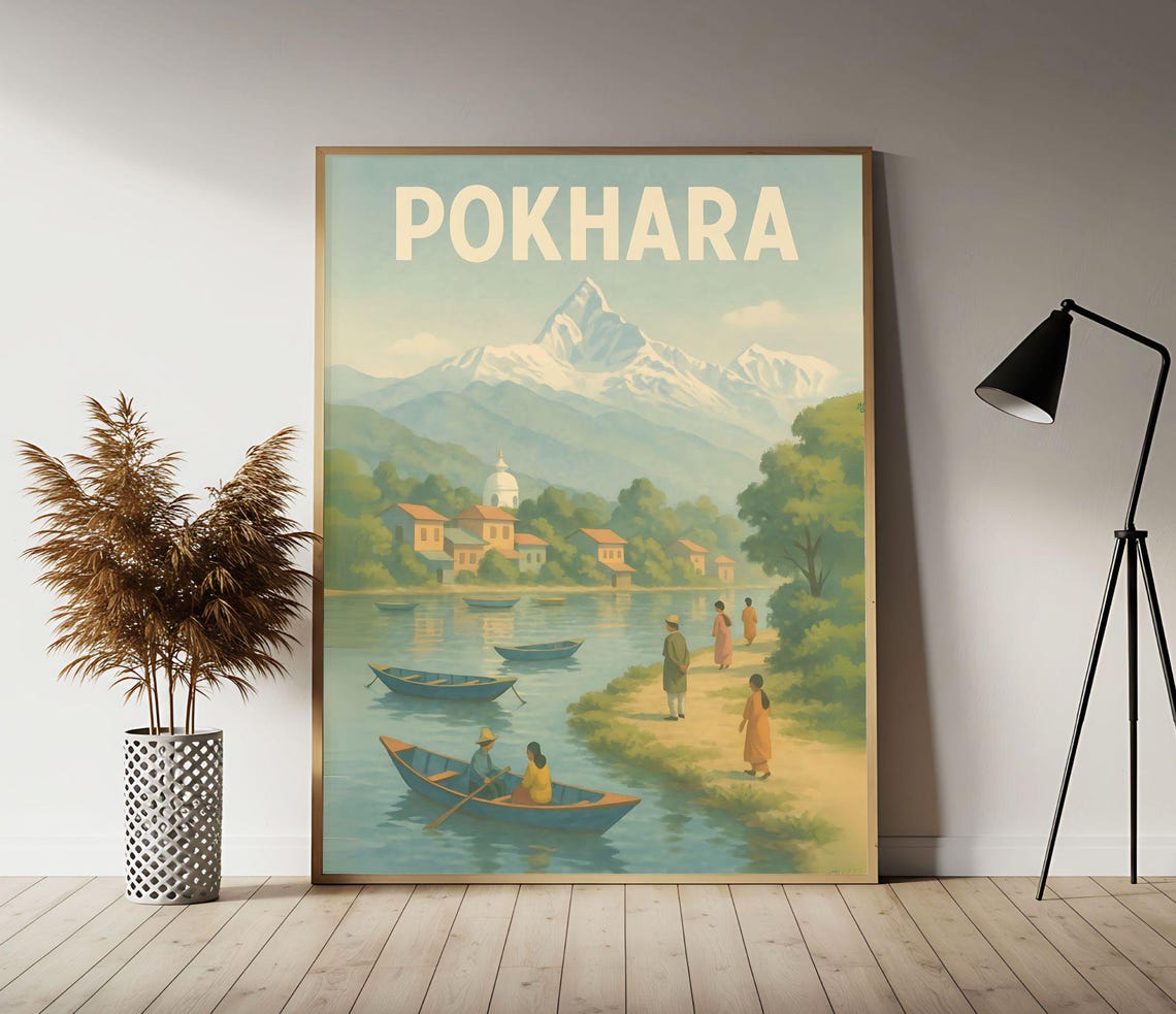 Pokhara Himalaya Lakeside Snow Peaks Vintage Nepal Travel Poster