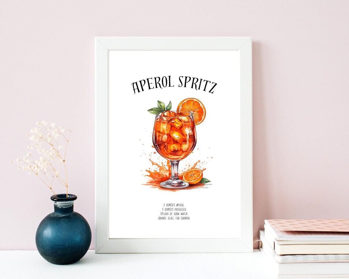 Aperol Spritz Cocktail Recipe Watercolor Illustration Bar Poster