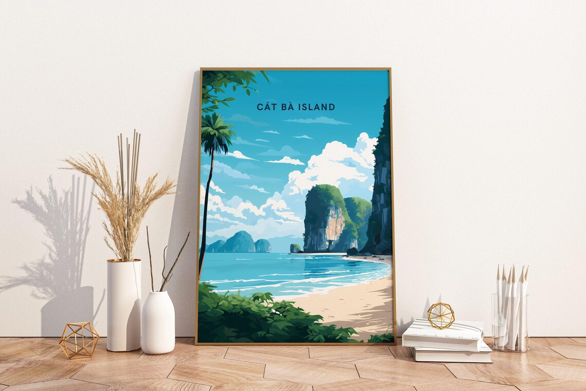 Cat Ba Island Vietnam Travel Poster Beach Karst Cliffs Blue Sea Palm Scene