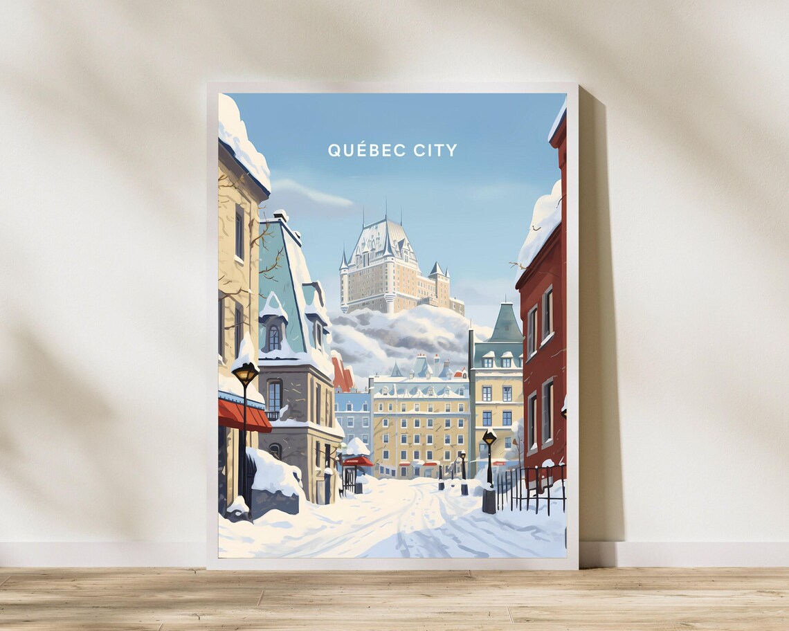 Quebec City Winter Snowy Street With Chateau Landmark Travel Poster