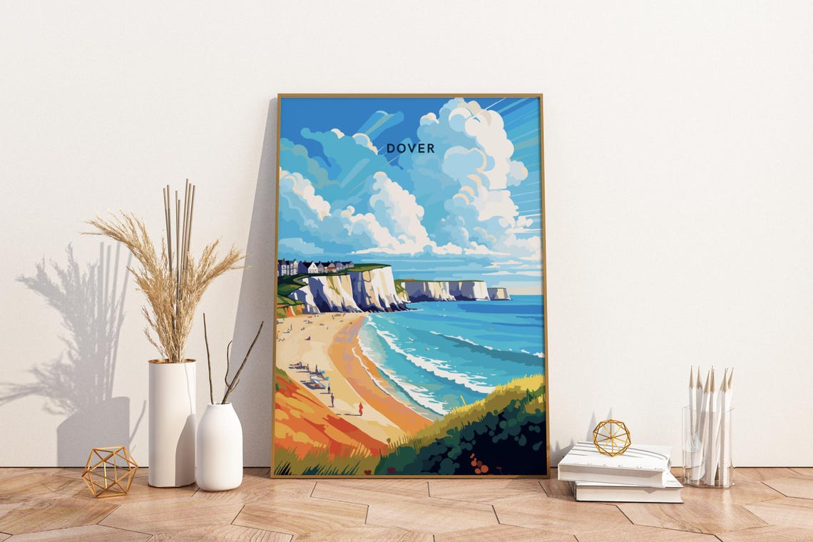Dover White Cliffs Beach Travel Poster with Coastal Landscape Views