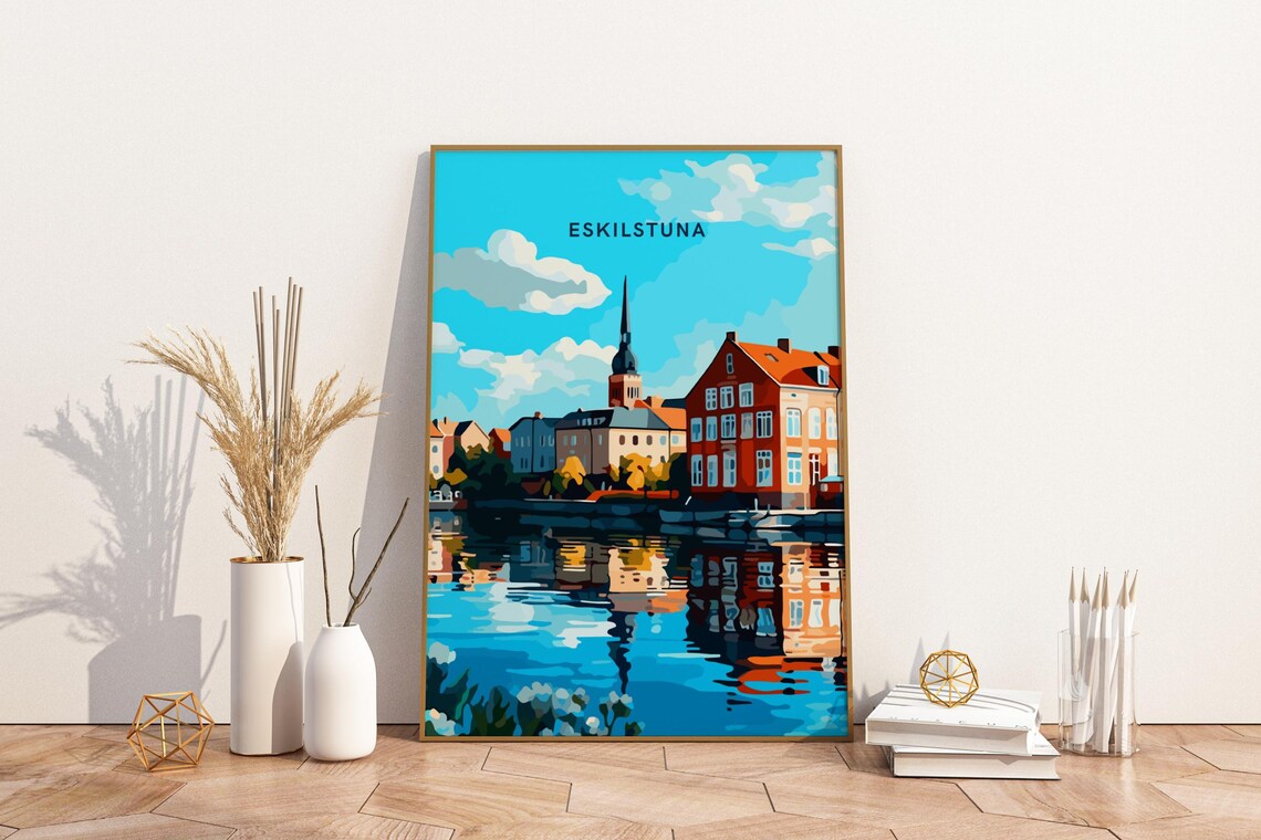 Eskilstuna Sweden Waterfront Reflections Colorful Houses Travel Poster