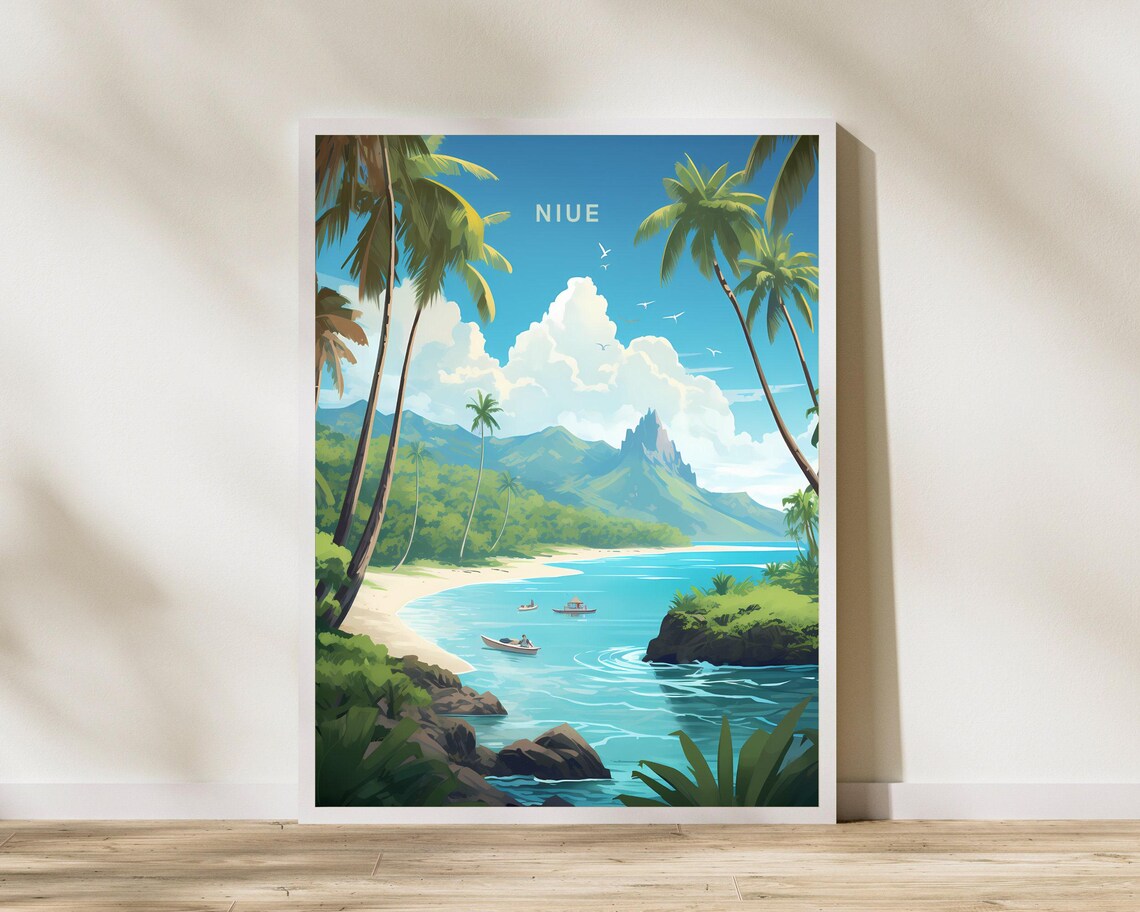 Niue Island Tropical Lagoon Palm Cove Travel Illustration Poster