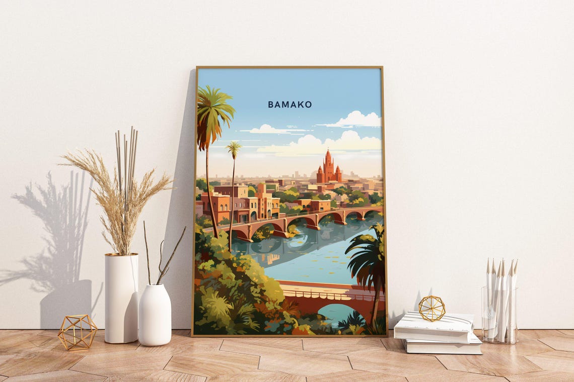 Bamako Mali Travel Poster with River Bridge and Grand Cathedral Art