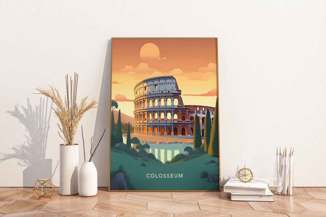 Colosseum Rome Italy Sunset Ancient Amphitheater Vintage Travel Poster