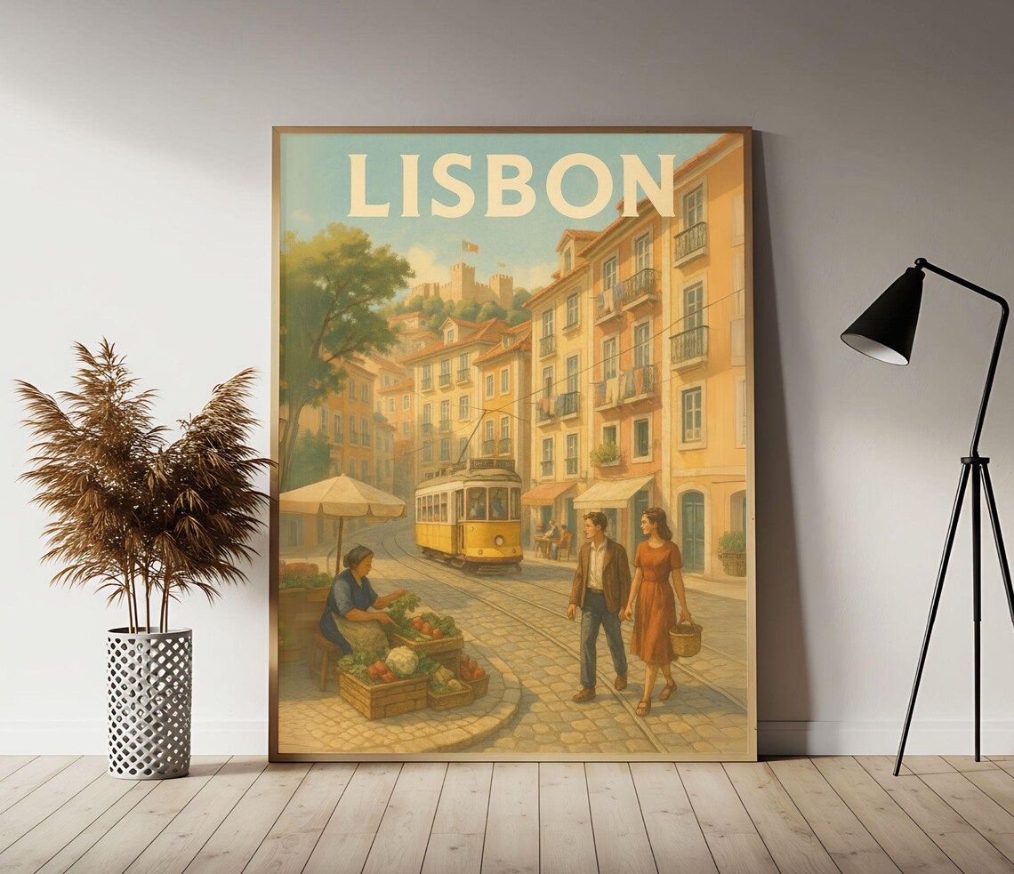 Lisbon Portugal Vintage Travel Poster Yellow Tram Cobblestone Street