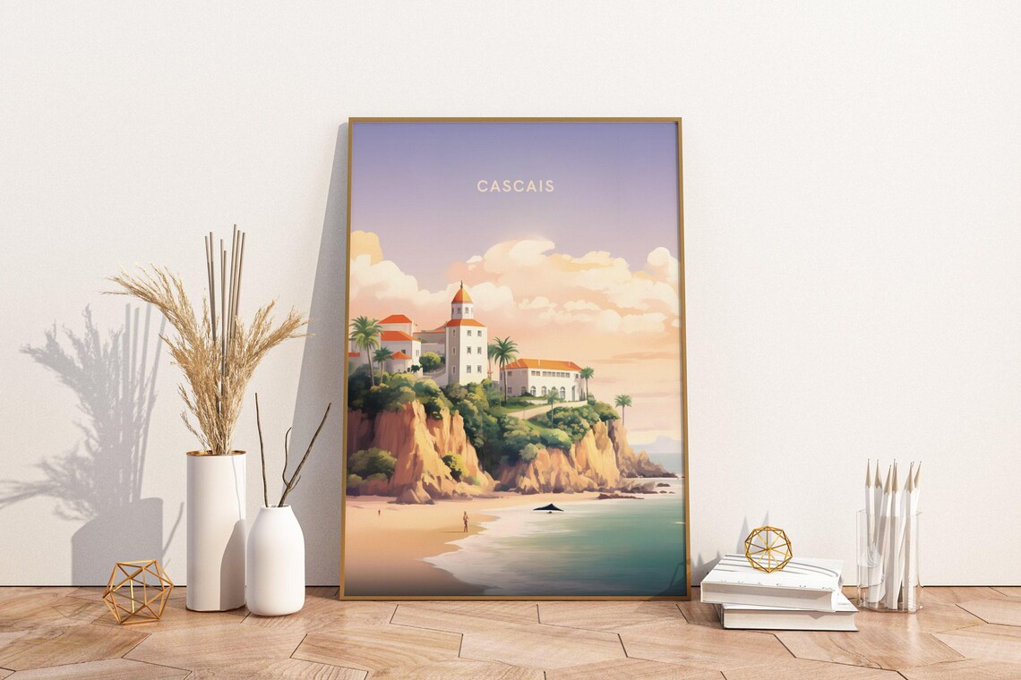 Cascais Portugal Sunset Cliffside Coast Beach Scenic Travel Poster