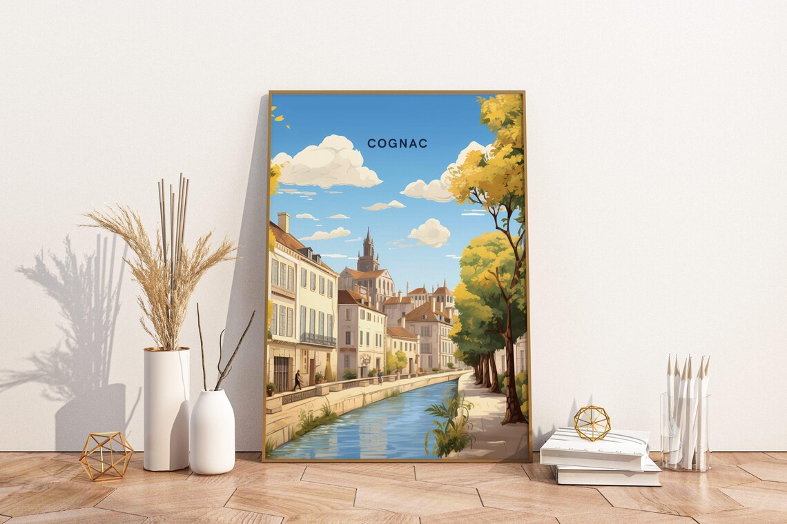 Cognac France Travel Poster with Riverside Promenade and Church Art