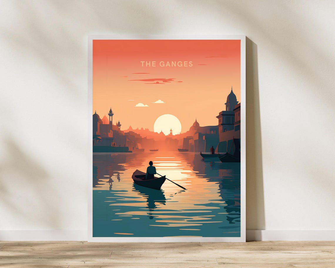 The Ganges River At Sunrise With A Rowboat On Calm Water Poster