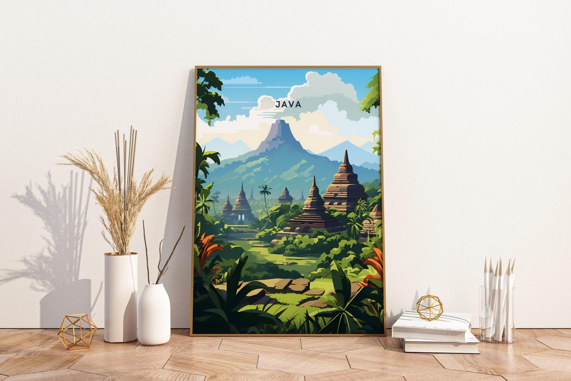Java Indonesia Ancient Temple Towers Volcano Jungle Travel Poster