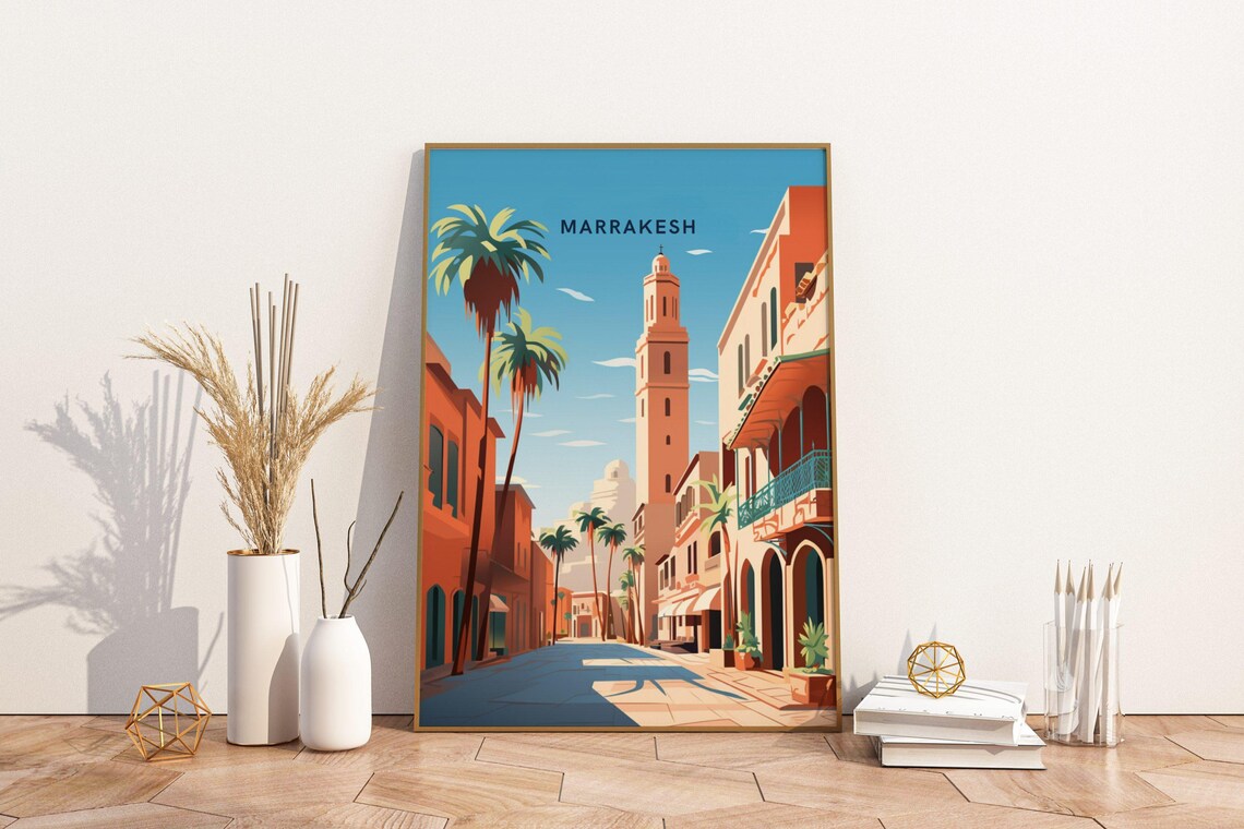 Marrakesh Morocco Minaret Palm Lined Street Exotic Travel Poster