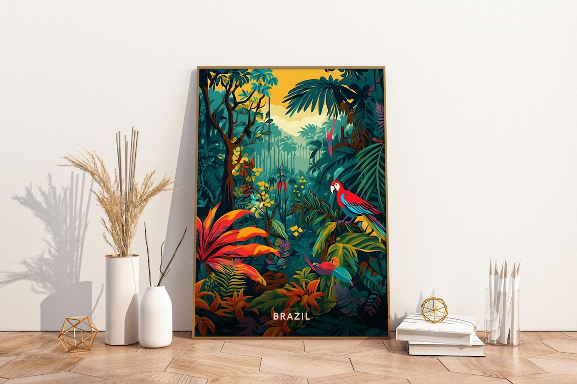 Brazil Rainforest Macaw Parrots Tropical Jungle Scene Travel Poster