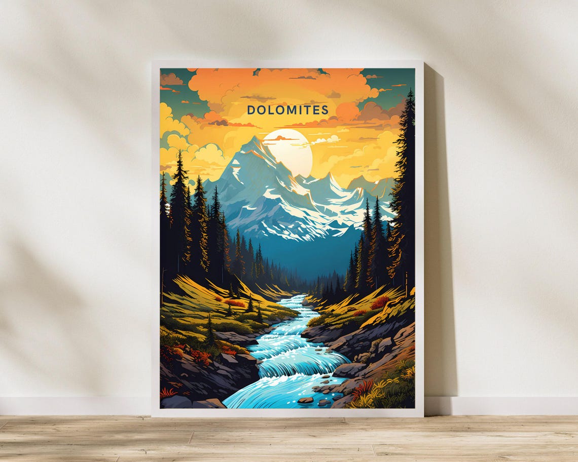 Dolomites Italy Sunset Mountain Stream Alpine Peaks Travel Poster