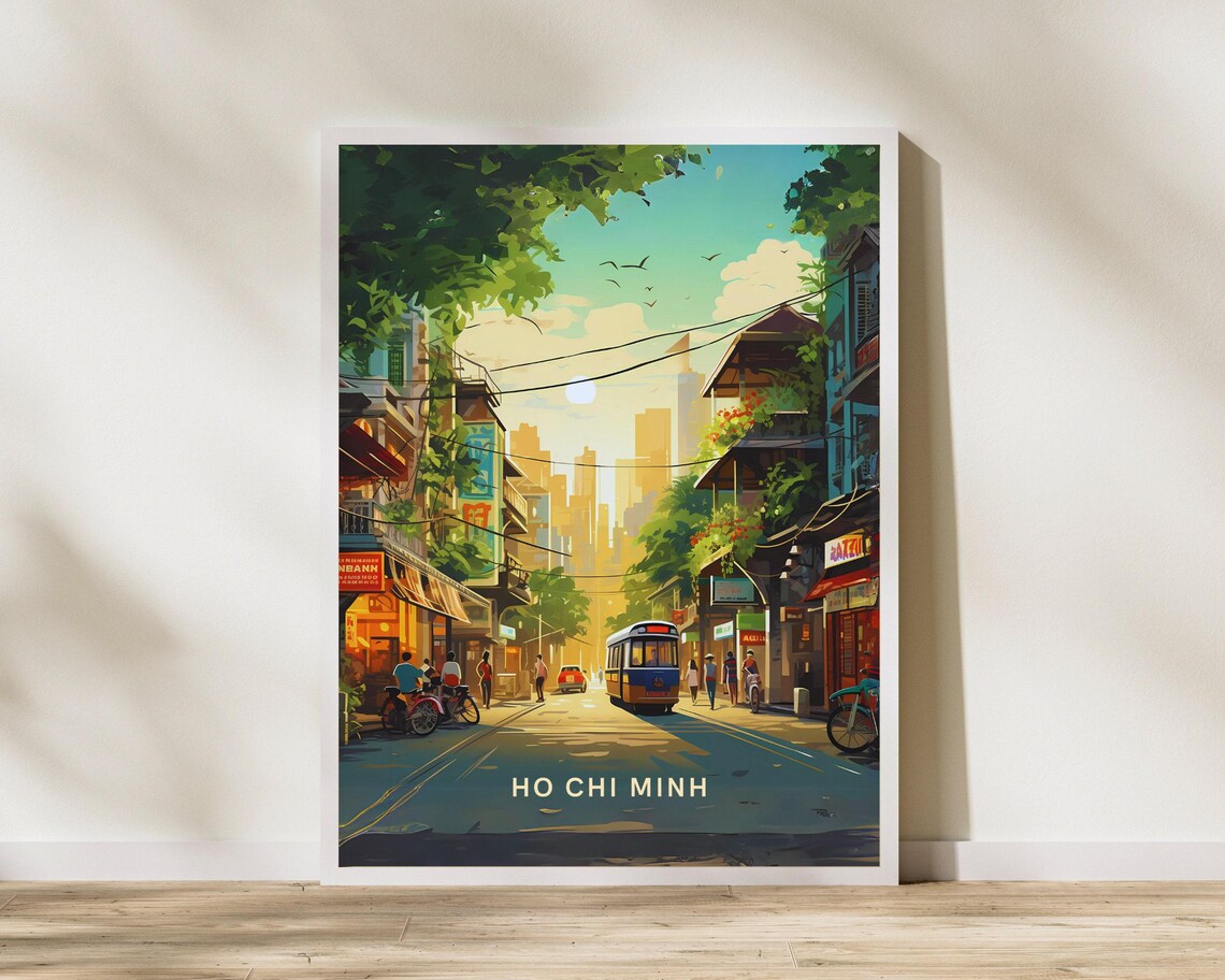 Ho Chi Minh City Vietnam Street Tram Sunset Illustration Poster