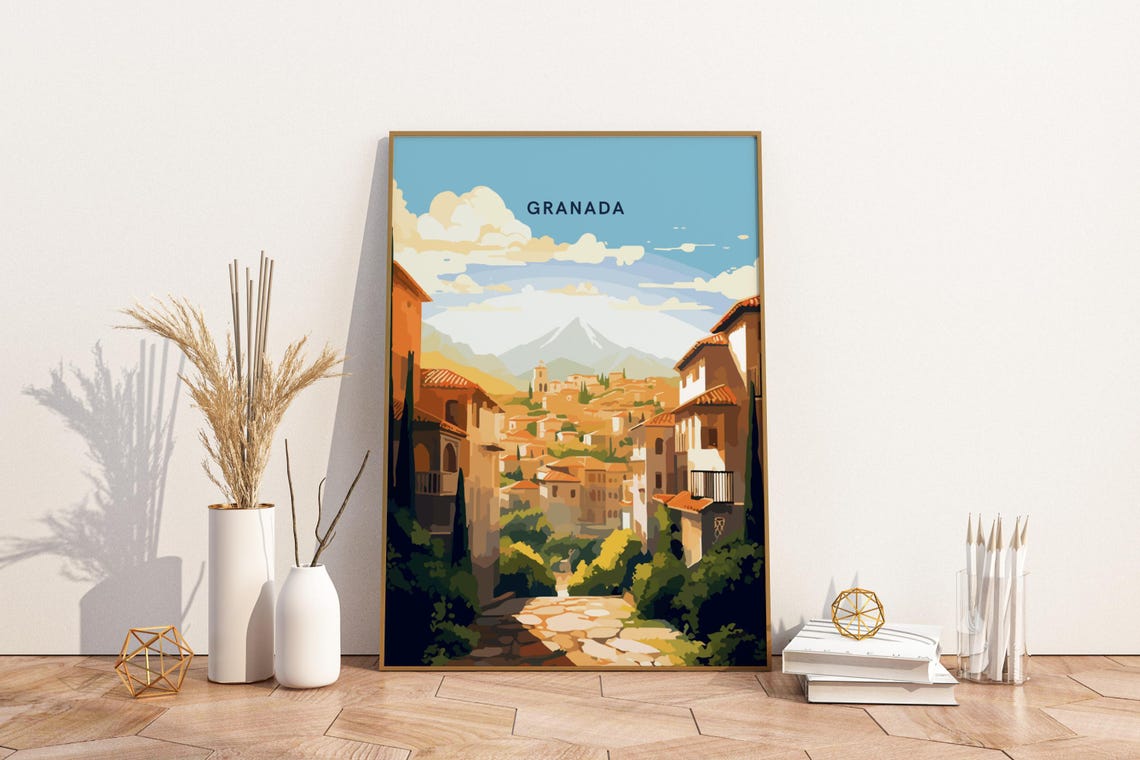 Granada Spain Hillside Town Sierra Nevada View Travel Poster