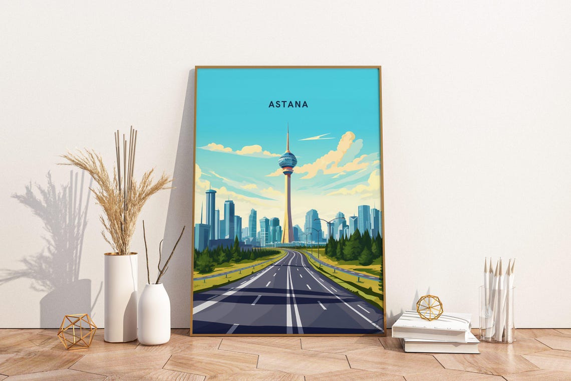 Astana Kazakhstan Bayterek Tower Modern Skyline Travel Poster