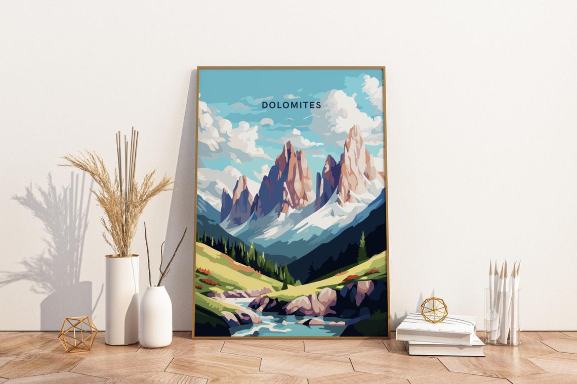 Dolomites Italy Mountain Peaks Vintage Alpine Valley Travel Poster