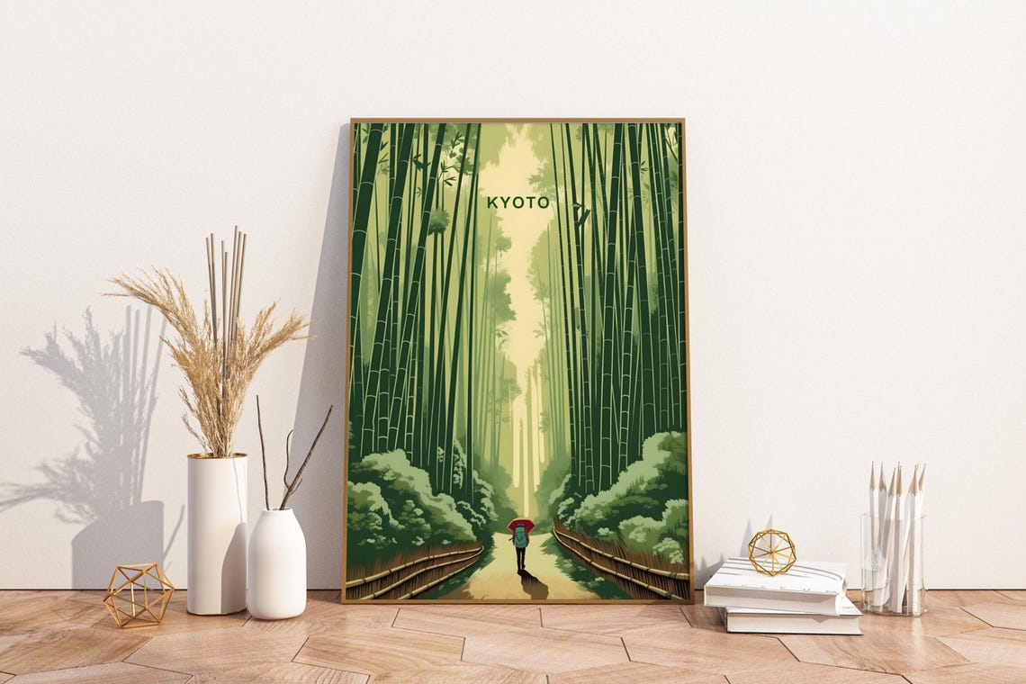 Kyoto Japan Bamboo Forest Path Umbrella Figure Travel Poster