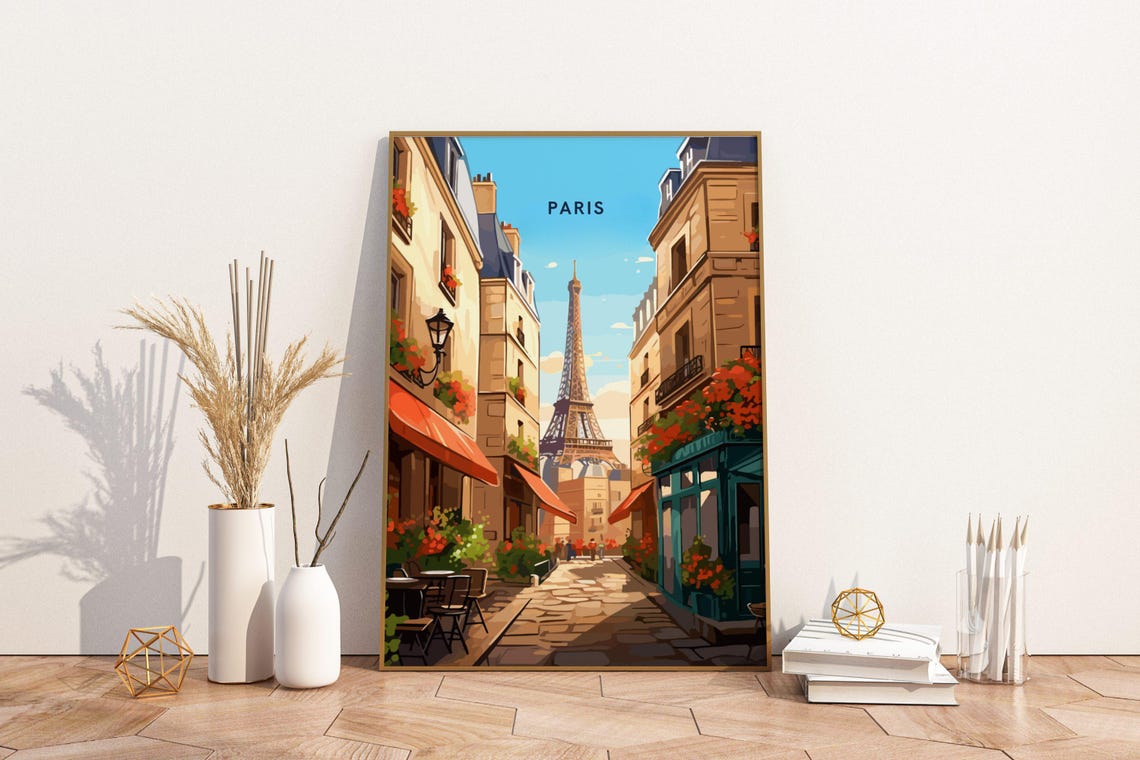 Paris Eiffel Tower Charming Cobblestone Street Cafe Scene Poster