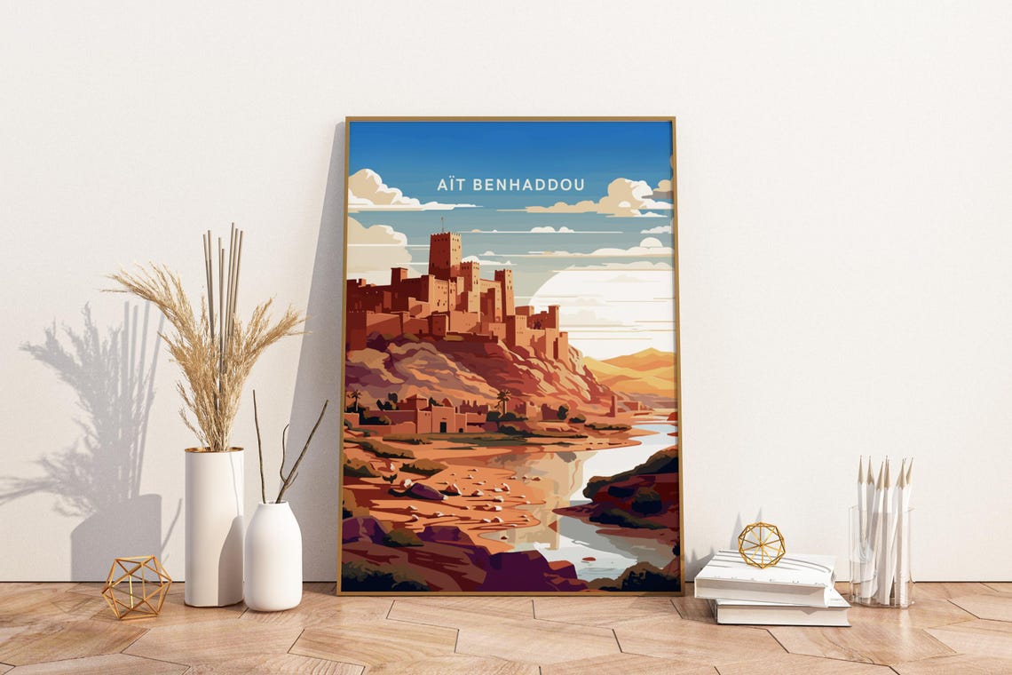 Ait Benhaddou Morocco Ancient Kasbah Desert Sunset Illustration Poster