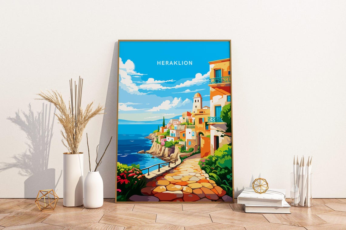 Heraklion Crete Coastal Town Harbor Vintage Style Travel Poster