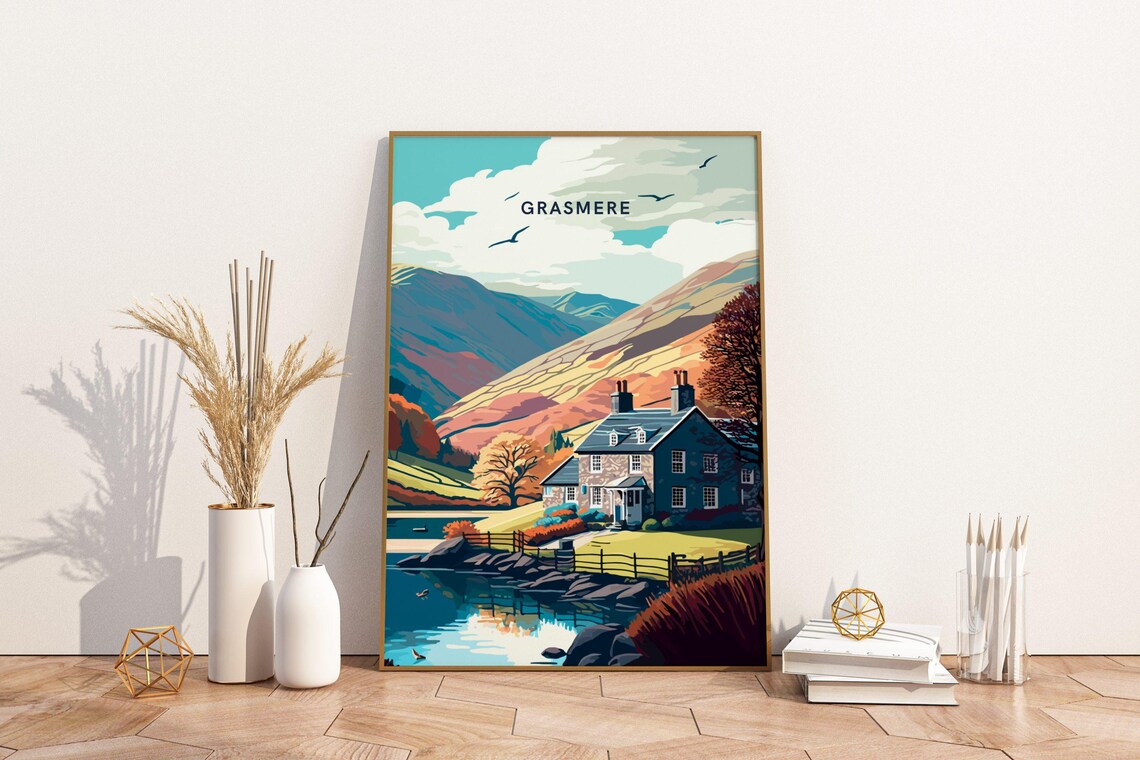 Grasmere Lake District Autumn Stone Cottage Lakeside Scene Poster