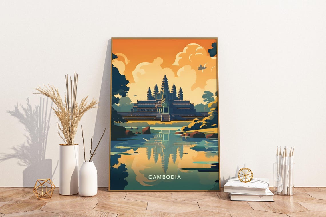 Angkor Wat Cambodia Temple Reflection Sunset Gold Sky Travel Poster