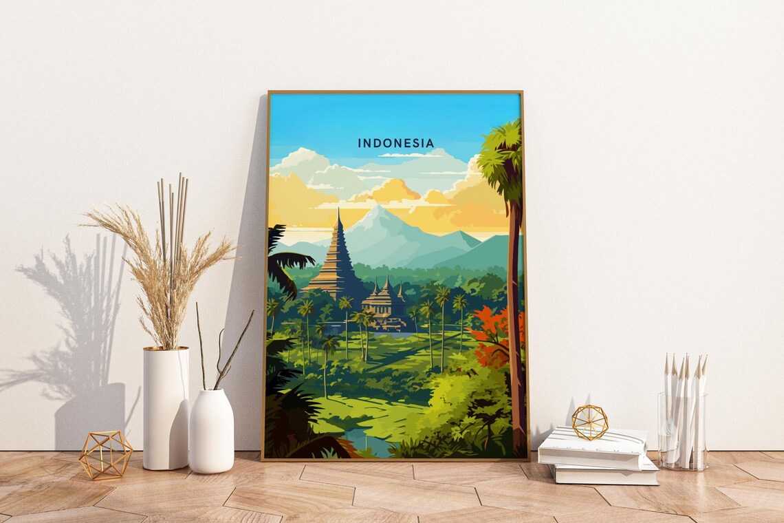 Indonesia Tropical Temple Jungle Palms Mountain Vintage Travel Poster