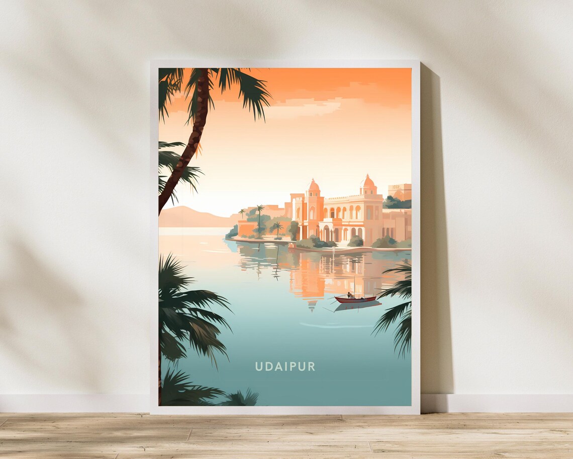 Udaipur India Rajasthan Lake Palace Sunset Vintage Travel Poster