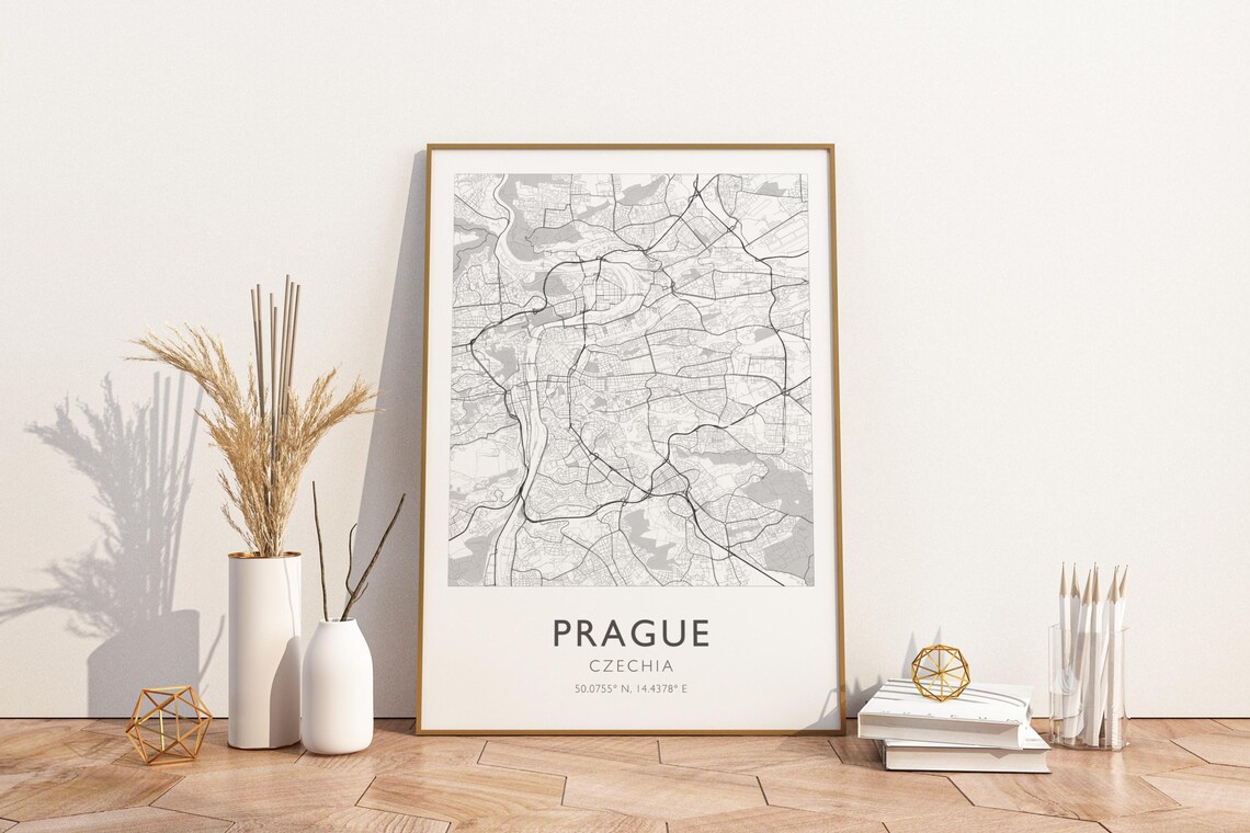 Prague Czechia Minimalist City Street Map Vintage Travel Art Poster