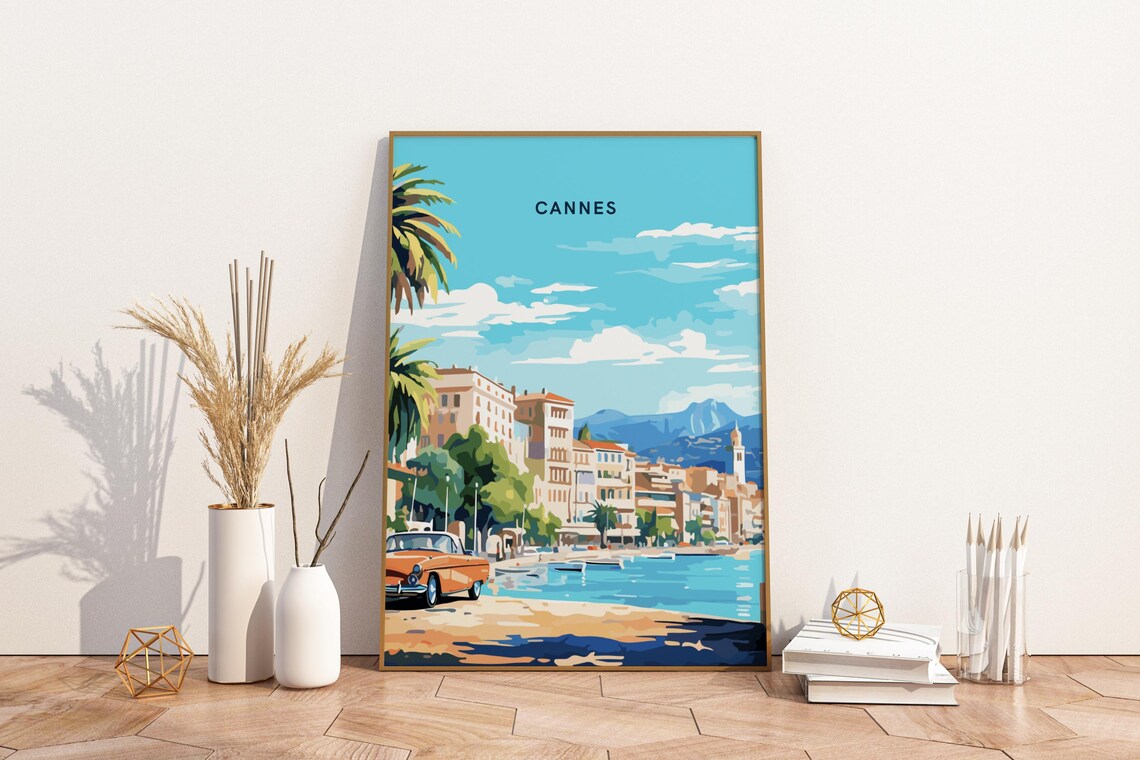 Cannes France Riviera Harbor Classic Car Vintage Travel Poster