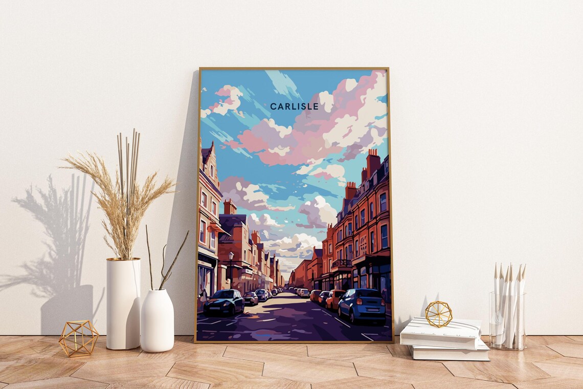 Carlisle England Historic Street Sunset Vintage British Travel Poster