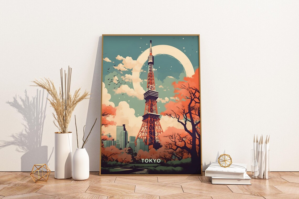Tokyo Japan Tokyo Tower Cherry Blossom Moonlit Travel Poster