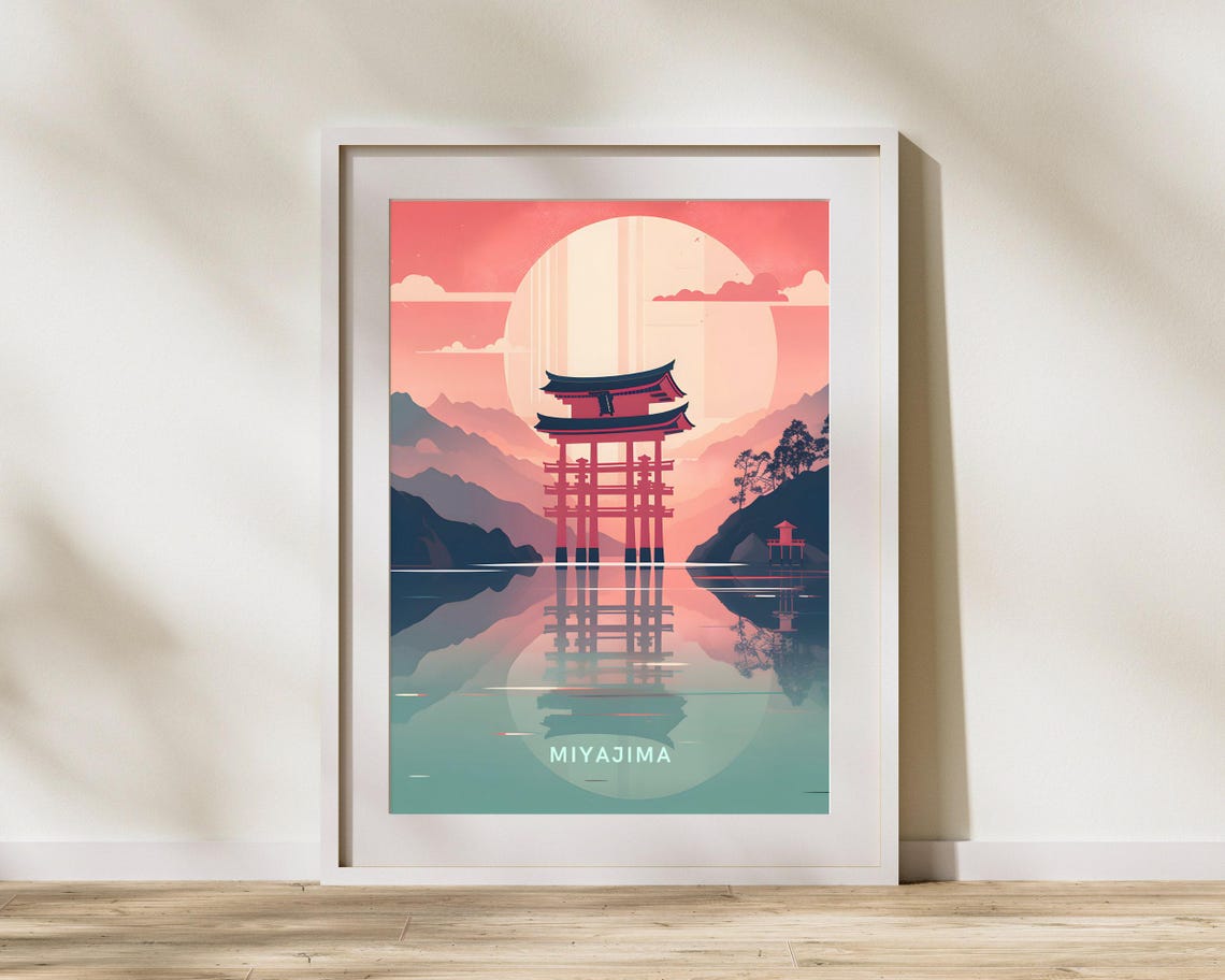 Miyajima Japan Great Torii Gate Sunset Illustration Art Poster