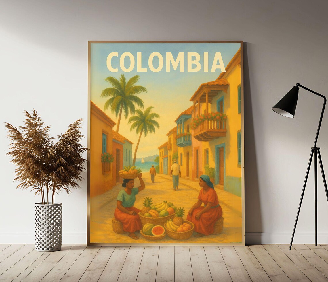 Colombia Caribbean Coastal Street Fruit Vendors Travel Poster